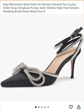 ARQ Black Satin Pointed Toe Heels with Rhinestone Bow